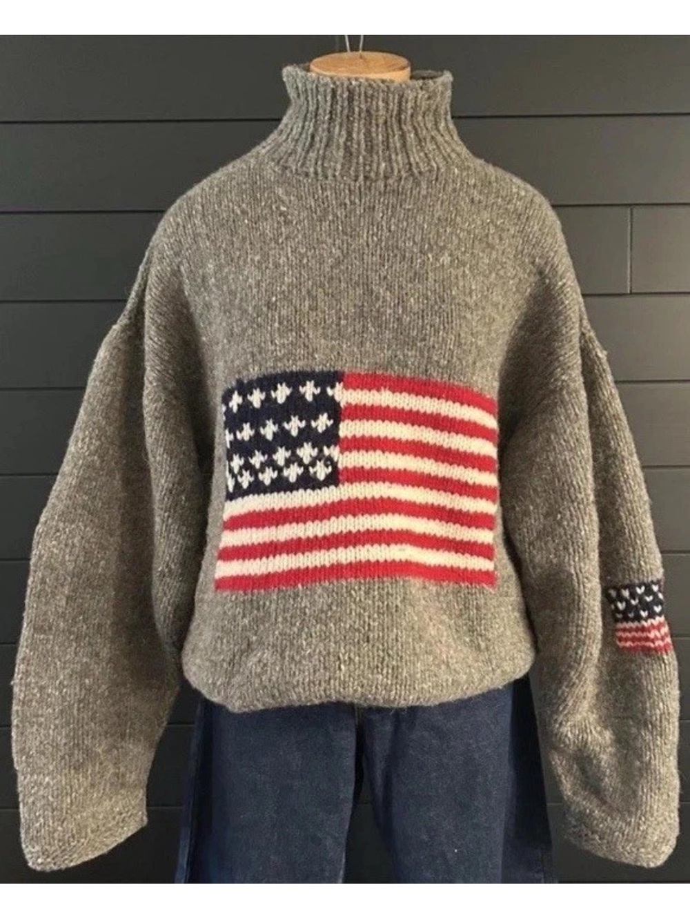 Grey Turtleneck Wool Sweater with American Flag Detail